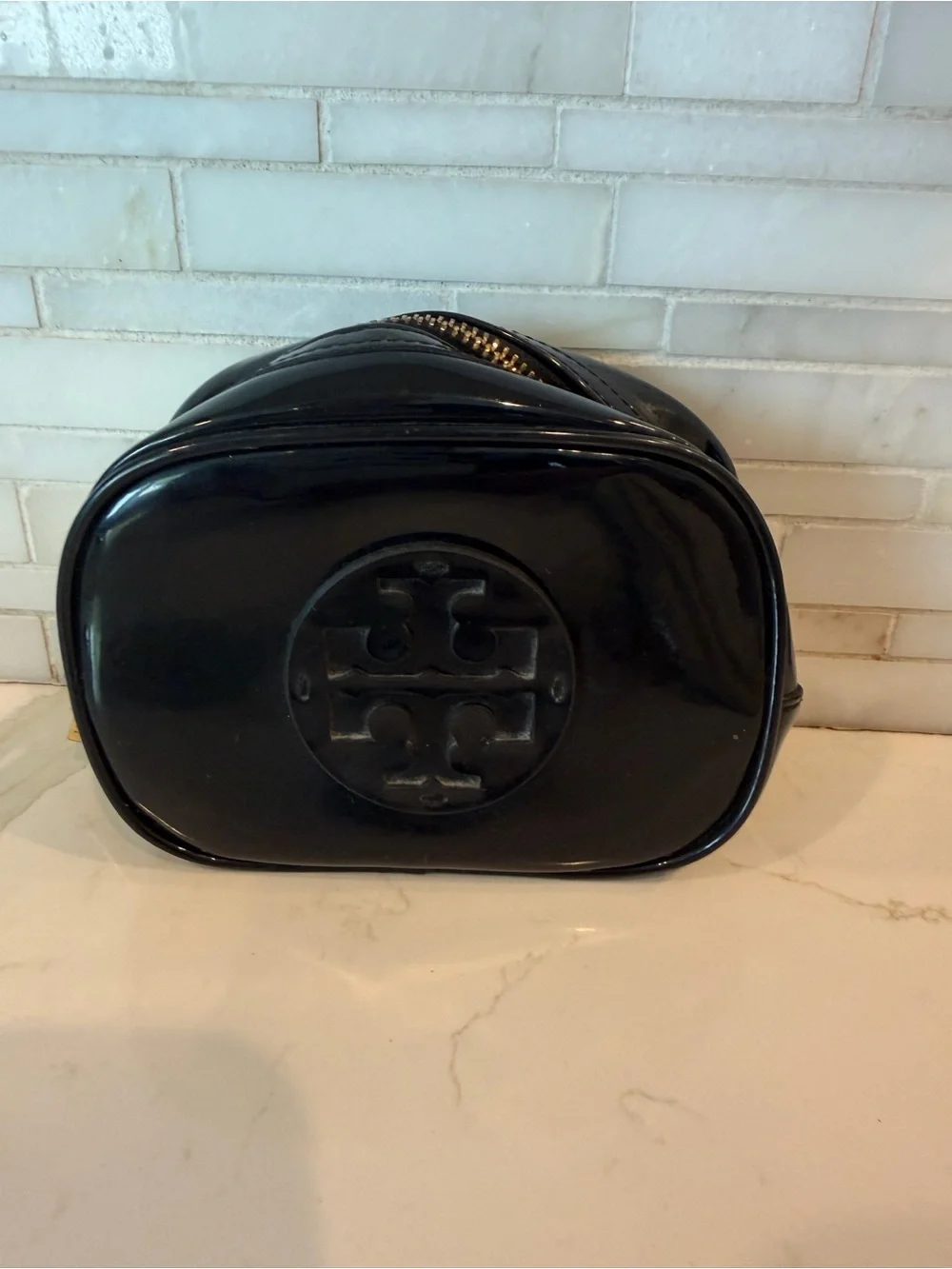 Tory Burch Black Patent Logo Cosmetic Case